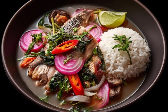 A hearty Filipino sinigang na isda, a sour fish soup with tamarind broth, tender vegetables, and fresh herbs, served in a deep bowl with a side of fragrant steamed rice