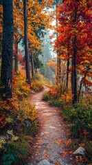 Obraz premium Autumn hiking trail winding through colorful forest, adventure and nature concept 