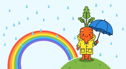 Carrot Character Under Umbrella Enjoying Rainbow and Rain in Cheerful, Playful Illustration
