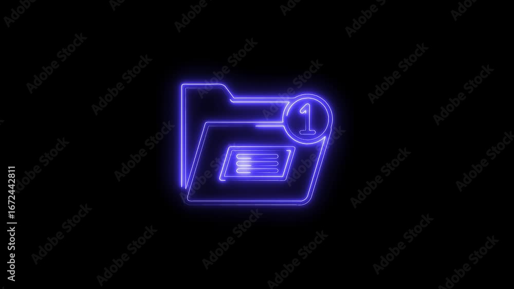 Poster glowing neon folder icon with notification badge number one isolated on black background digital art