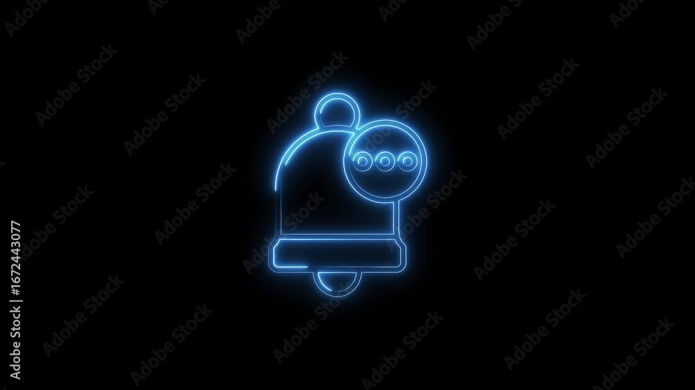 Poster glowing neon bell icon alert notification symbol isolated on black background with subtle pulsing