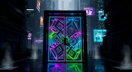 Obraz premium Neon-lit futuristic portal entrance in rainy urban cyberpunk city environment