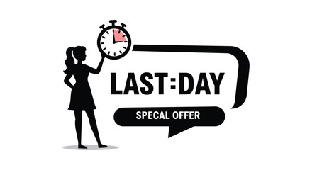 Last day special offer illustration with woman holding clock silhouette