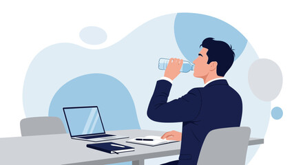 Business Person Hydrating With Water Bottle At Desk In Modern Office Environment