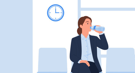 Businesswoman Takes Drink In A Modern Waiting Area While Observing The Time