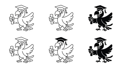 Obraz premium Happy graduating parrot cartoon mascot; line art, silhouette variations; cheerful, celebratory graduation theme.