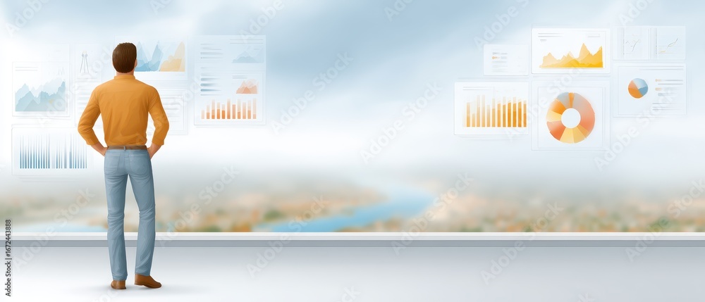Poster business analyst reviewing project execution dashboard in modern office space with aerial view of la