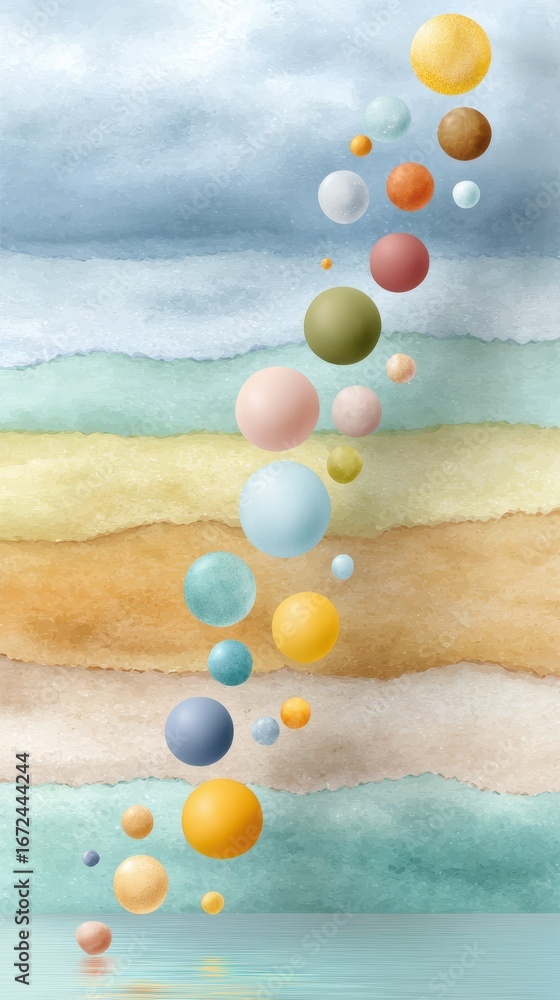 Poster artistic watercolor rendering of abstract circles in various stages over soft gradient backgrounds