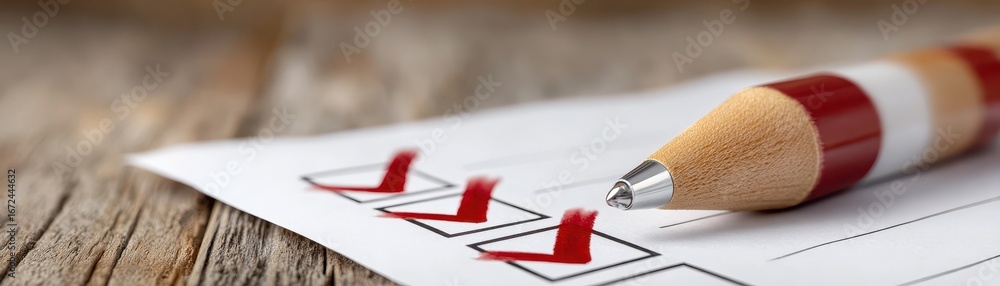 Poster close-up of a project checklist with red marks on tasks, concept of execution progress and organizat