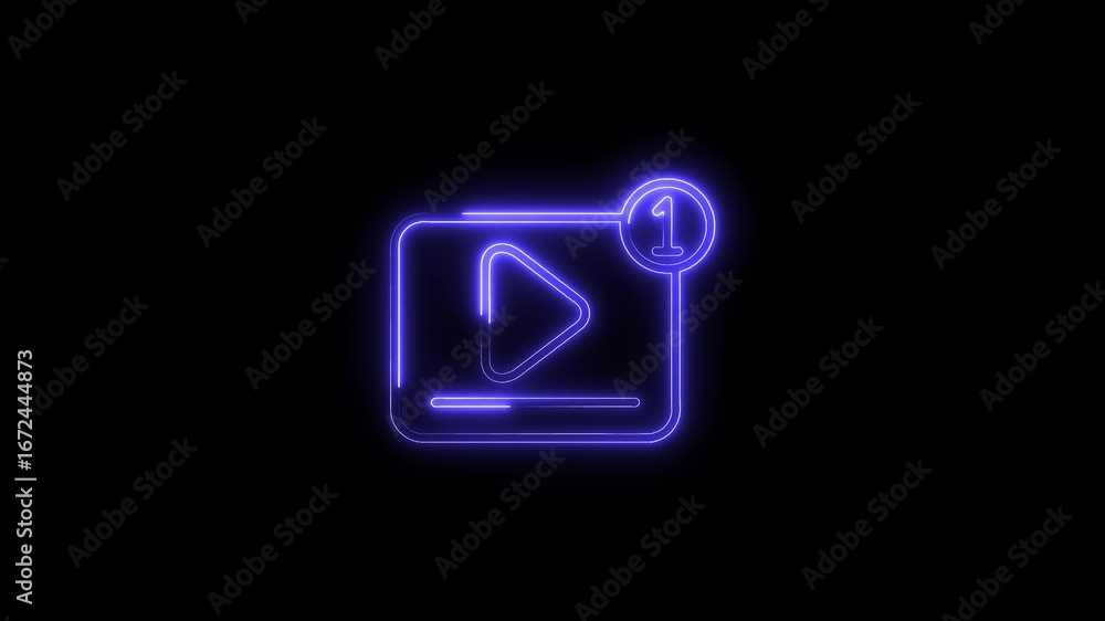 Poster glowing neon play button icon with notification badge isolated on black background digital animation