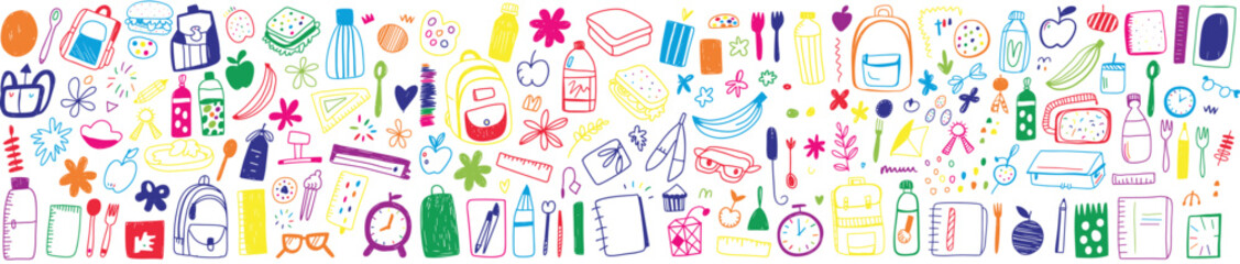 Vibrant neon doodle collage of school supplies including backpacks, books, pencils, rulers, notebooks, globes, calculators, erasers, scissors and art tools on a dark backdrop