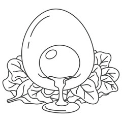 Illustration of a cracked egg with yolk dripping down onto a bed of leafy greens in black and white style