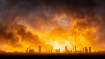 Massive industrial fire blazing in a factory complex at night with thick smoke rising; dramatic disaster scene symbolizes crisis, danger, and urgent emergency response needs.