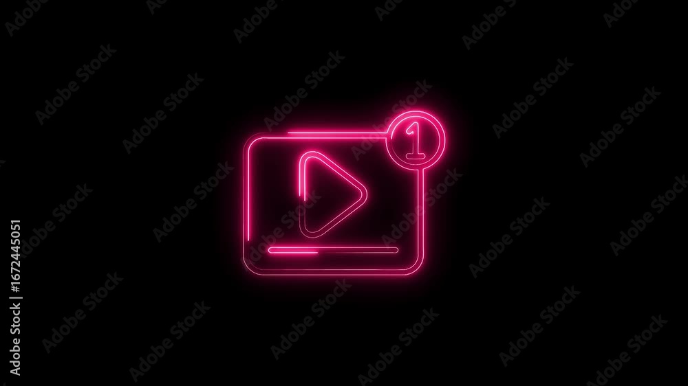 Poster glowing neon pink play button icon with notification badge isolated on black background for media