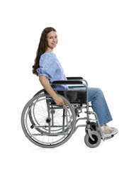 Smiling teenage girl in wheelchair on white background