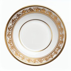 Elegant porcelain saucer with intricate golden floral decoration, radiating charm on white background