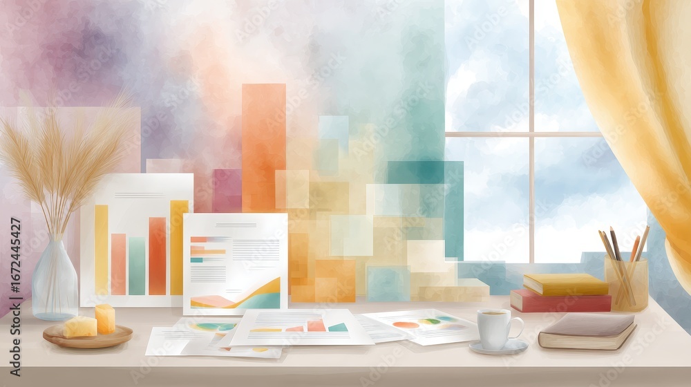 Aufkleber creative workspace with gantt chart and project execution sheets on desk near window with soft color