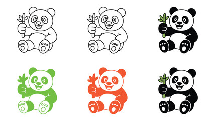 Adorable Cartoon Panda Bear Holding Bamboo, Six Variations: Line Art, Color Options, Happy Mood, Childlike Style, Perfect for Children's Products.