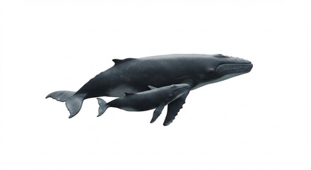 Fototapeta premium Majestic humpback whale gently swims with its playful calf against a bright white background. AI Generated