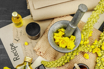 Natural skincare concept with Verbascum flowers, herbal ingredient for oils and beauty treatments
