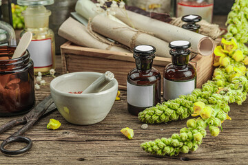 Rustic apothecary scene with Verbascum flowers, herbal jars, vintage tools and mortar