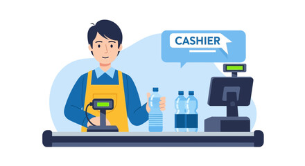 Cashier Working At The Counter, Vector Illustration Of A Supermarket Retail Employee