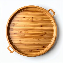 Naklejka premium Elevated view of a rustic circular wooden tray with handles design on white background
