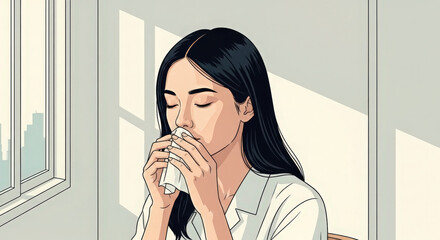 Young woman enjoying a warm drink while sitting in a bright room with soft sunlight
