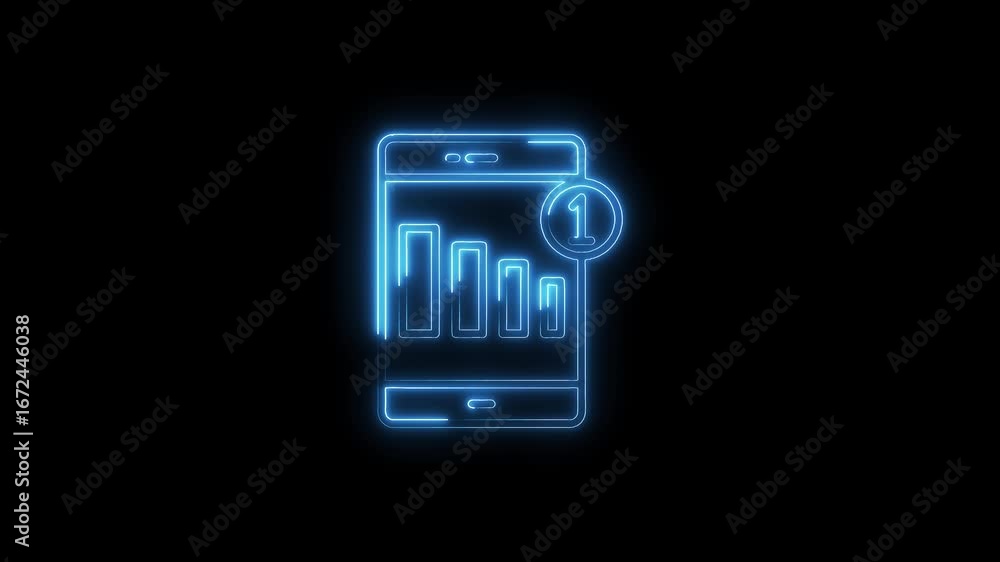 Poster glowing neon blue smartphone graph icon with notification badge isolated on black background