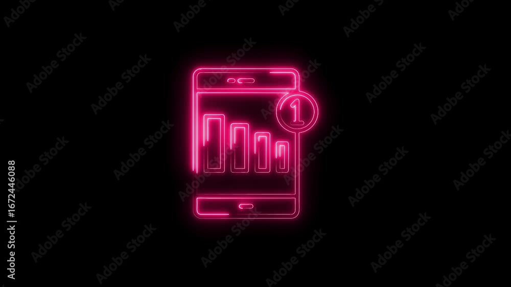 Poster glowing neon pink mobile phone screen displaying bar chart and notification icon isolated on