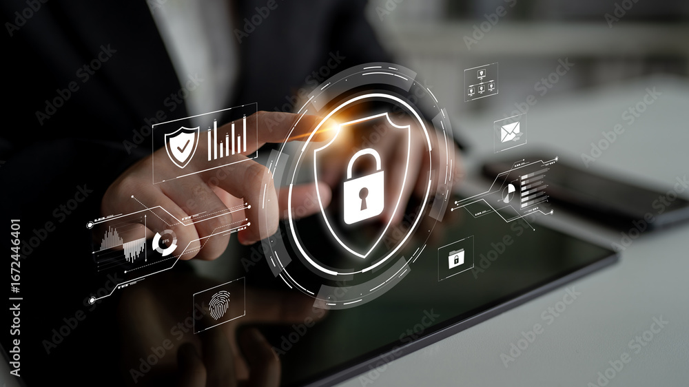 Poster cyber security protects against breaches, hacks, and network attacks using strong infrastructure and