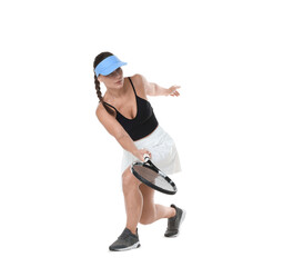 Woman with racket playing tennis on white background
