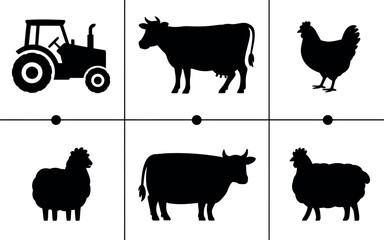 Farm Animals: Simple Black Silhouettes, Tractor Icon,  Agricultural Graphics