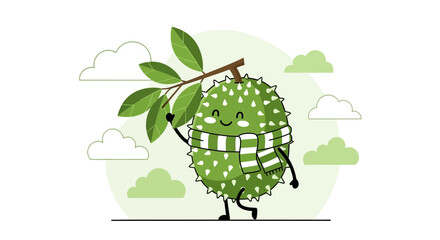 Charming Cartoon Durian Character in a Scarf, Smiling, Holding Leaves, Outside
