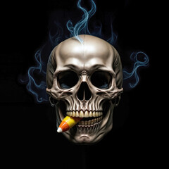 Fototapeta premium A realistic skull is depicted with a candy corn tucked between its teeth, exuding an eerie yet whimsical aura 
