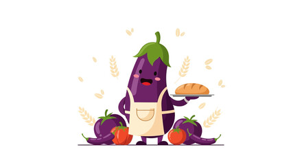 Charming Cartoon Eggplant Offering Bread: A Whimsical Scene with Vegetables Illustration