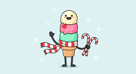 Charming Cartoon Ice Cream Cone Enjoying Winter With Candy Canes And Snowflakes