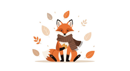 Charming Cartoon Fox With Scarf And Biscuit Surrounded By Autumn Leaves