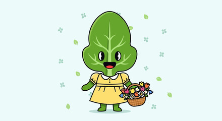 Charming Cartoon Lettuce Character Smiling And Holding A Basket Of Colorful Flowers