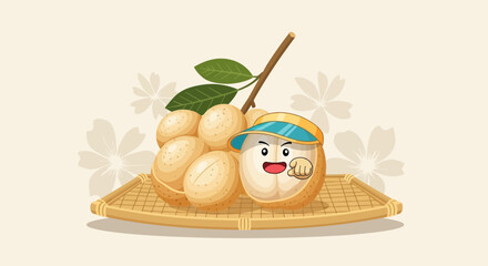 Charming Cartoon Longan With Visor On Woven Tray For Culinary And Illustration
