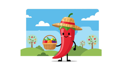 Charming Chili Pepper Character Holds a Basket of Freshly Harvested Colorful Fruits