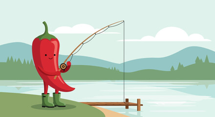 Charming Chili Pepper Characters Angling Peacefully By The Lake In A Whimsical Landscape