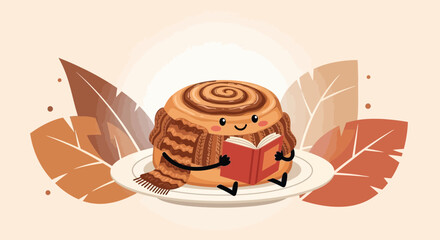 Charming Cinnamon Roll Reading a Book in Cozy Autumn Setting With Scenic Leaves