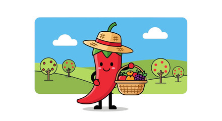 Charming Chili Pepper With Hat Holding Basket Of Fruits In An Orchard Setting