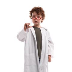 Choice of profession. Little boy in glasses with syringe pretending to be doctor on white background