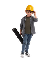 Choice of profession. Little kid in hard hat with draft pretending to be engineer on white...