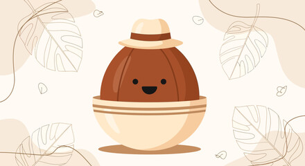 Charming Coconut Character Sunbathing In Bowl With A Delightful Hat And Leafy Accents