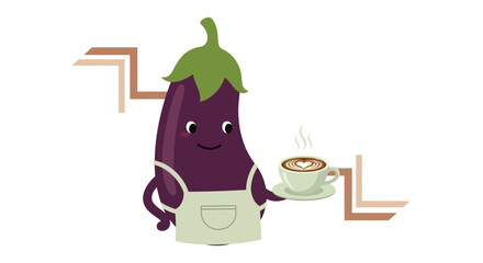 Charming Eggplant Character Serving a Latte, Funny Illustration, Coffee Shop, Cute Cartoon