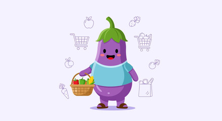 Charming Eggplant Character Shopping For Groceries And Spreading Good Vibes Everywhere