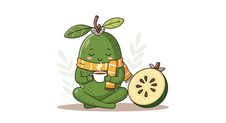 Charming Feijoa Character Enjoys Warm Drink and Contemplative Relaxation Moment